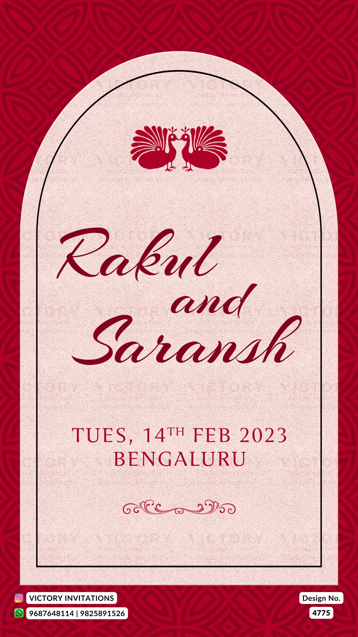 A digital preview of a red and cream invitation card for an event, featuring two peacock illustrations at the top and the names 'Rakul and Saransh' in elegant red script on a cream arched panel over a red patterned background.