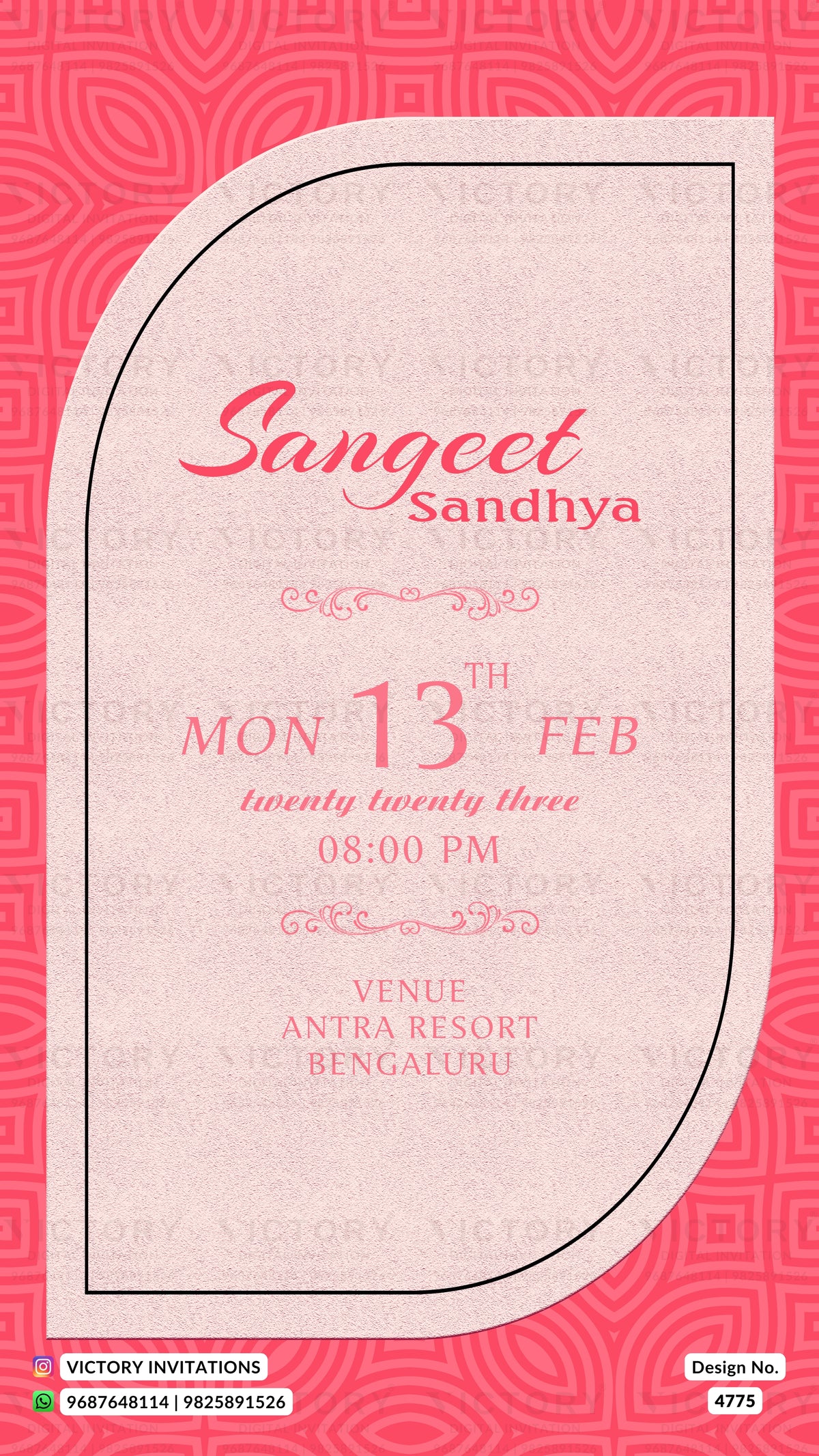 A digital invitation card template for a Sangeet Sandhya event, featuring a light pink textured central panel with elegant pink text, framed by a thin black border against a vibrant pink patterned background. The bottom of the card includes branding for Victory Invitations.