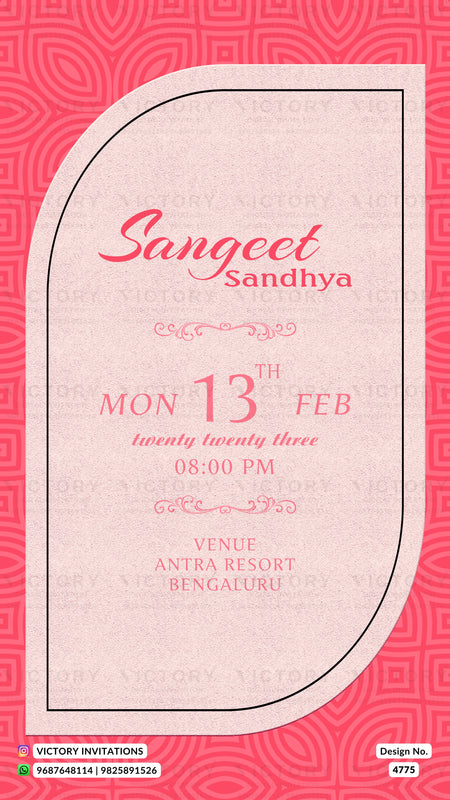 A digital invitation card template for a Sangeet Sandhya event, featuring a light pink textured central panel with elegant pink text, framed by a thin black border against a vibrant pink patterned background. The bottom of the card includes branding for Victory Invitations.
