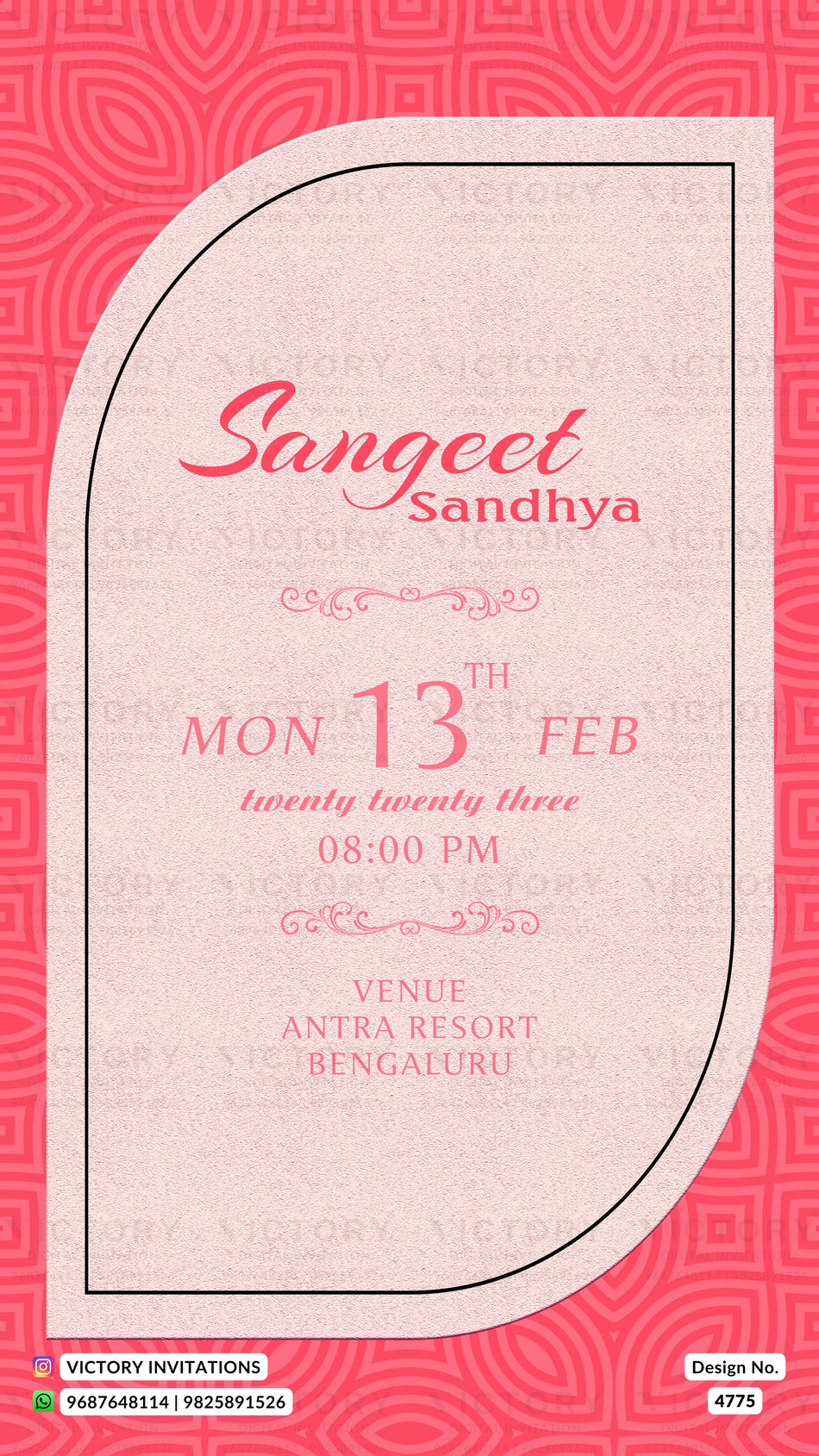 A digital invitation card template for a Sangeet Sandhya event, featuring a light pink textured central panel with elegant pink text, framed by a thin black border against a vibrant pink patterned background. The bottom of the card includes branding for Victory Invitations.