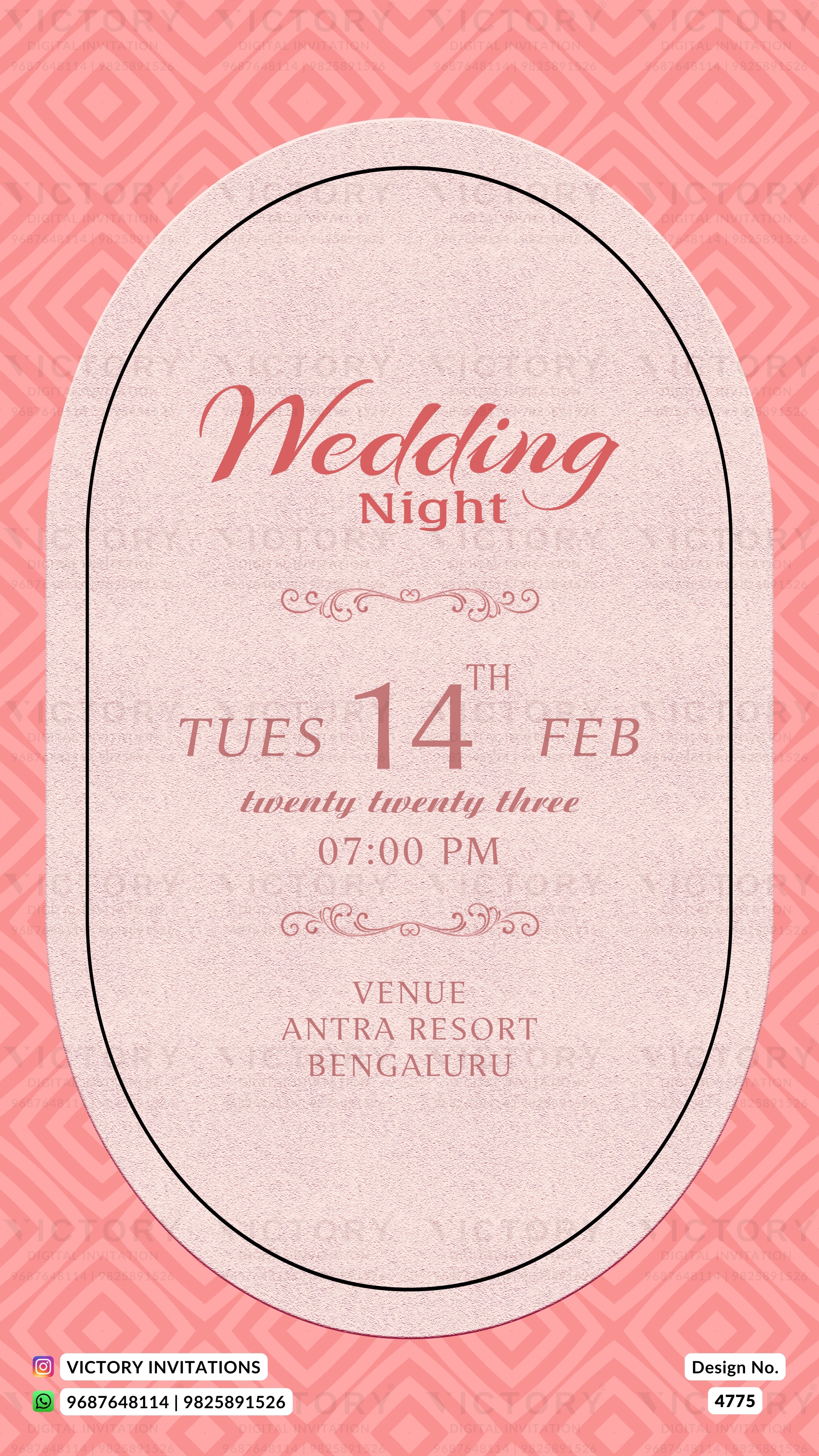 A wedding invitation card design with a pink patterned background and a large pale pink oval frame. The text reads 'Wedding Night' and includes event details: Tuesday 14th Feb, 07:00 PM, and venue Antra Resort, Bengaluru.