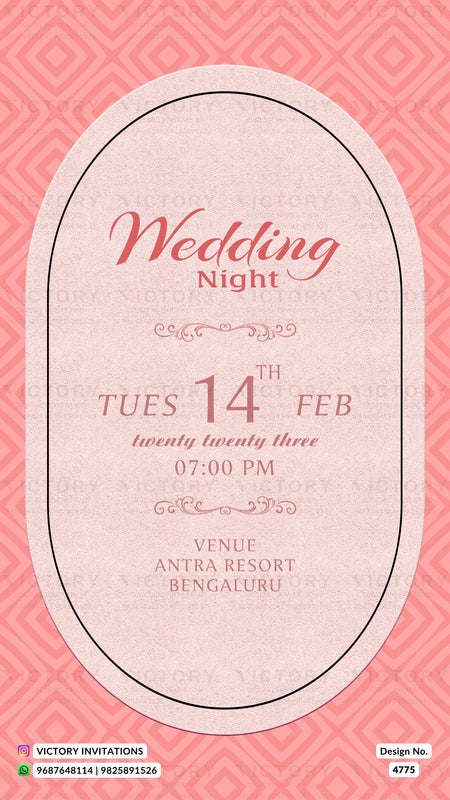 A wedding invitation card design with a pink patterned background and a large pale pink oval frame. The text reads 'Wedding Night' and includes event details: Tuesday 14th Feb, 07:00 PM, and venue Antra Resort, Bengaluru.
