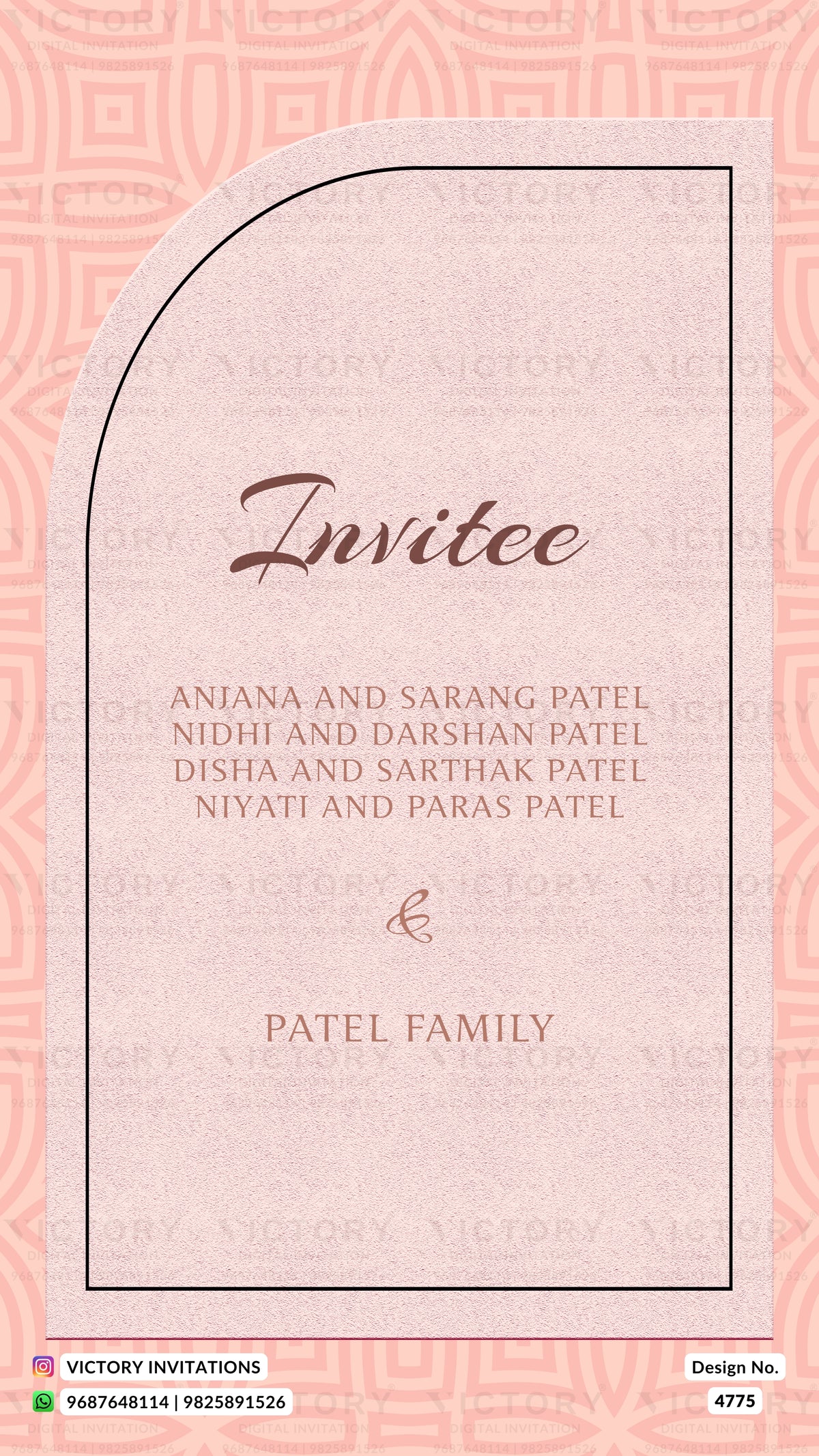 A digital invitation card design for an Indian wedding, featuring a light pink arched central panel with elegant brown text on a matching patterned pink background. The text reads 'Invitee' followed by names of Anjana and Sarang Patel and their children, with 'PATEL FAMILY' at the bottom.