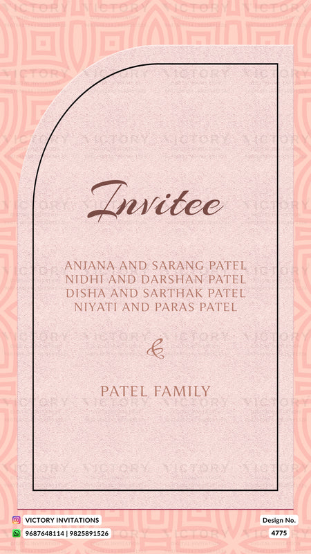 A digital invitation card design for an Indian wedding, featuring a light pink arched central panel with elegant brown text on a matching patterned pink background. The text reads 'Invitee' followed by names of Anjana and Sarang Patel and their children, with 'PATEL FAMILY' at the bottom.