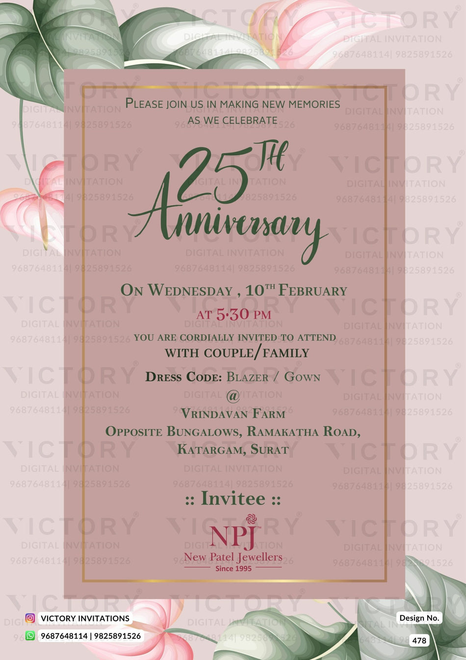 25th Wedding Anniversary invitation card in English language with flowers, frame as floral theme design 478