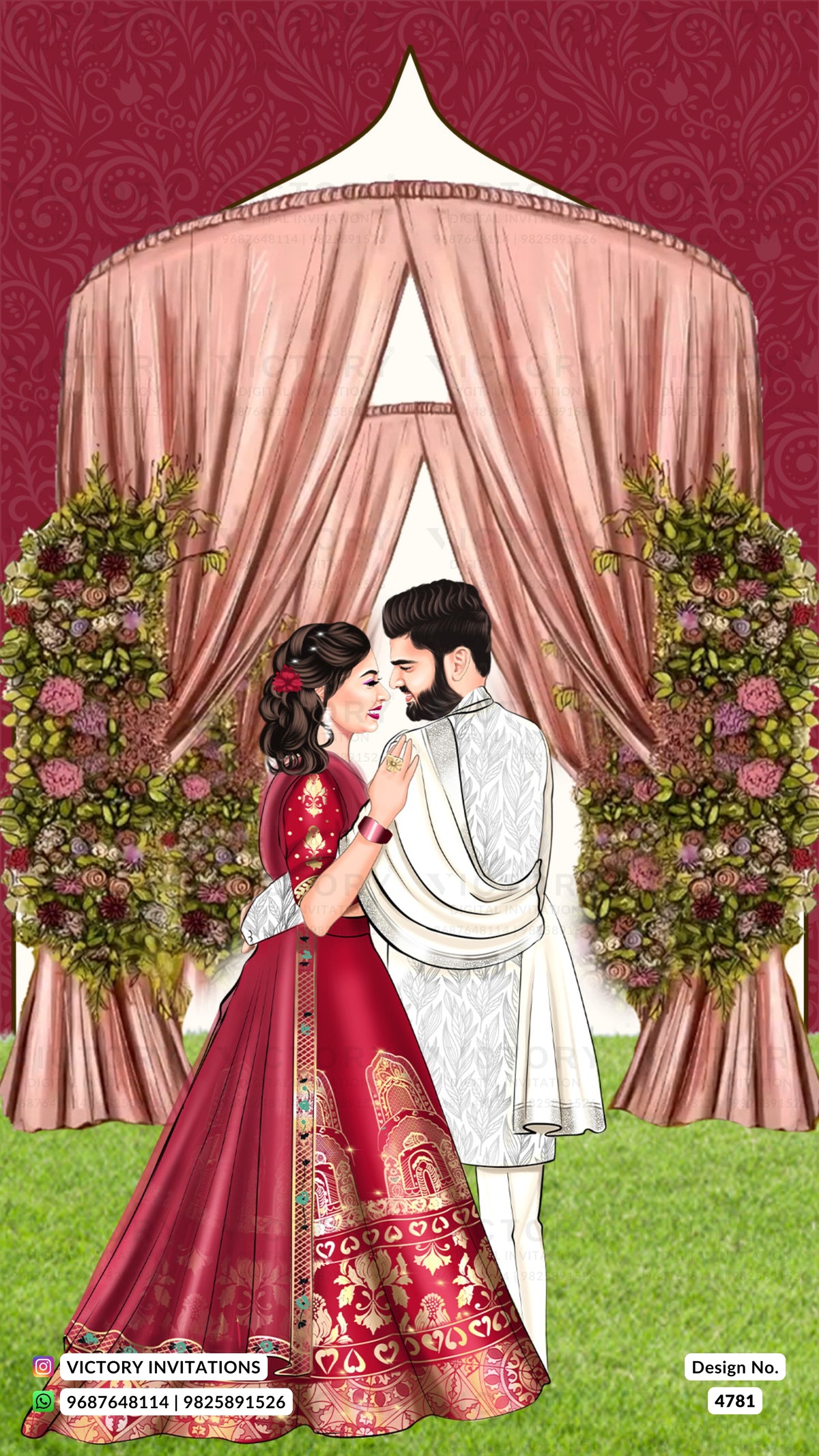 Wedding invitation illustration featuring a bride in a deep red embroidered traditional gown and a groom in a white kurta, standing under a pink canopy with floral arrangements and a maroon patterned backdrop.