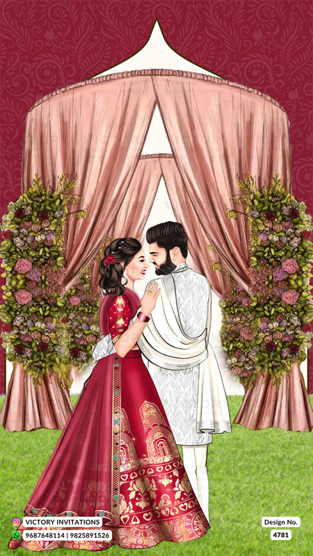 Wedding invitation illustration featuring a bride in a deep red embroidered traditional gown and a groom in a white kurta, standing under a pink canopy with floral arrangements and a maroon patterned backdrop.