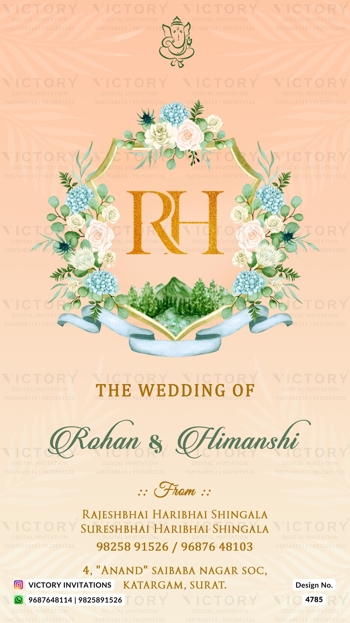 A wedding invitation card design with a peach background, featuring a central floral wreath and open book motif around the gold initials 'RH'. The text reads 'THE WEDDING OF Rohan & Himanshi' with venue and contact details below.