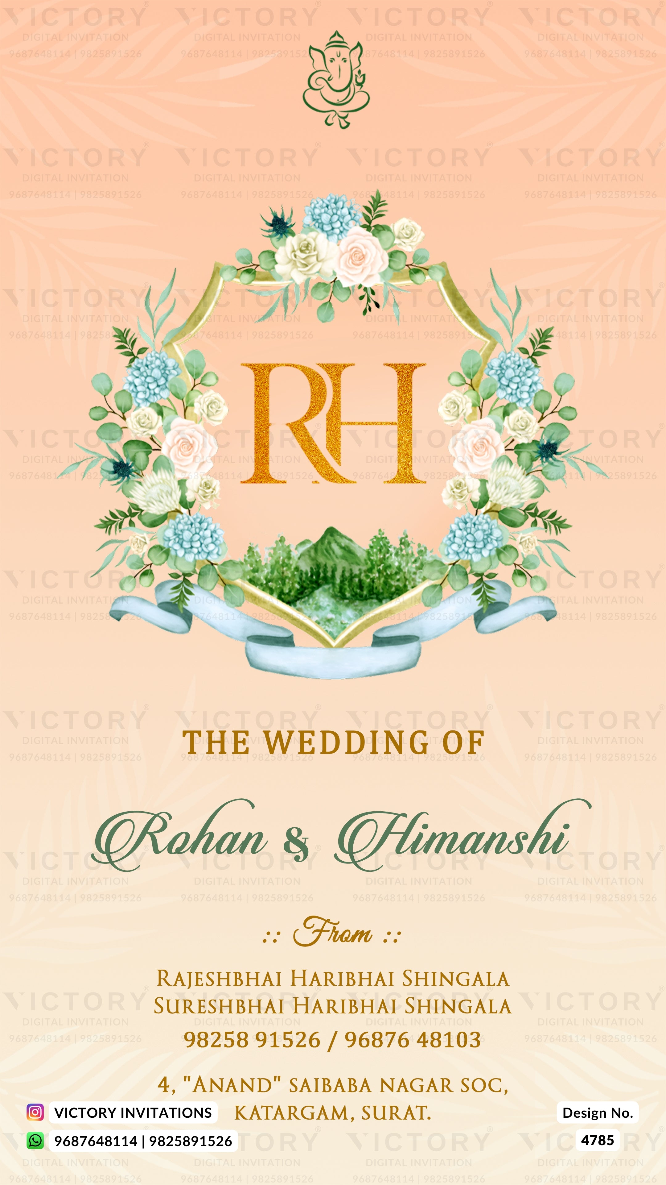 A wedding invitation card design with a peach background, featuring a central floral wreath and open book motif around the gold initials 'RH'. The text reads 'THE WEDDING OF Rohan & Himanshi' with venue and contact details below.