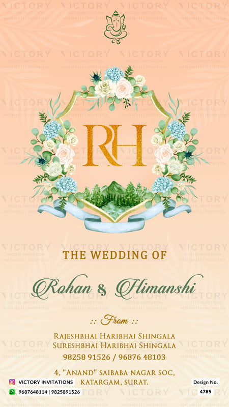 A wedding invitation card design with a peach background, featuring a central floral wreath and open book motif around the gold initials 'RH'. The text reads 'THE WEDDING OF Rohan & Himanshi' with venue and contact details below.
