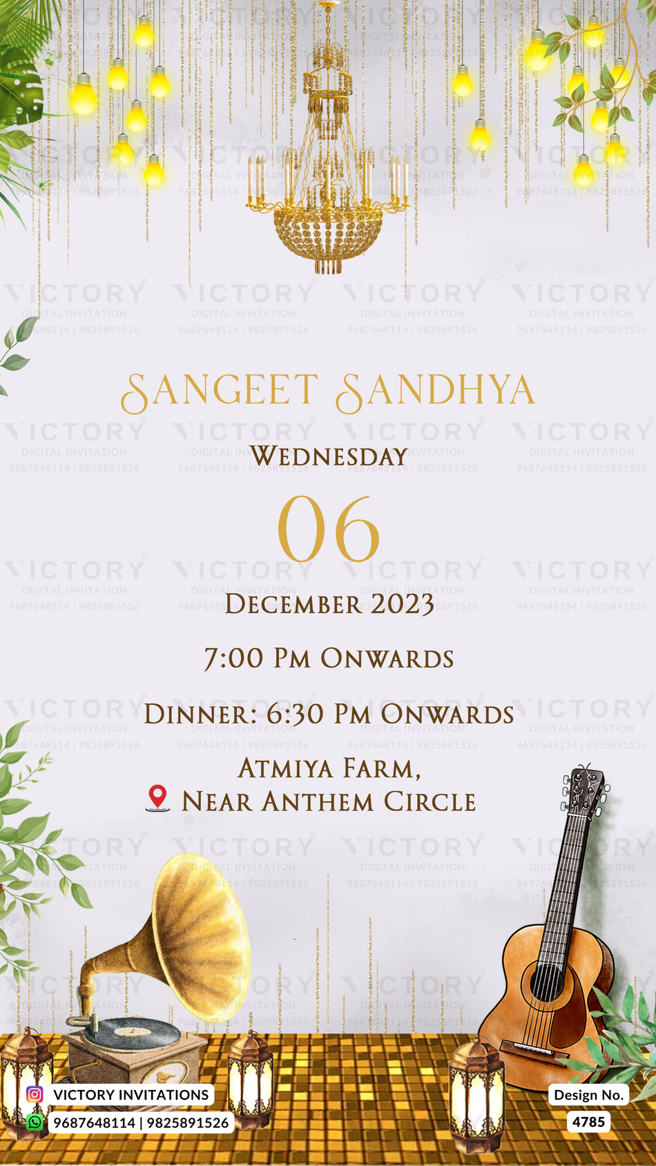 A festive wedding invitation card design for 'Sangeet Sandhya' featuring elegant typography, a golden chandelier illustration, hanging yellow lanterns, a vintage gramophone, and an acoustic guitar on a white background with gold accents.