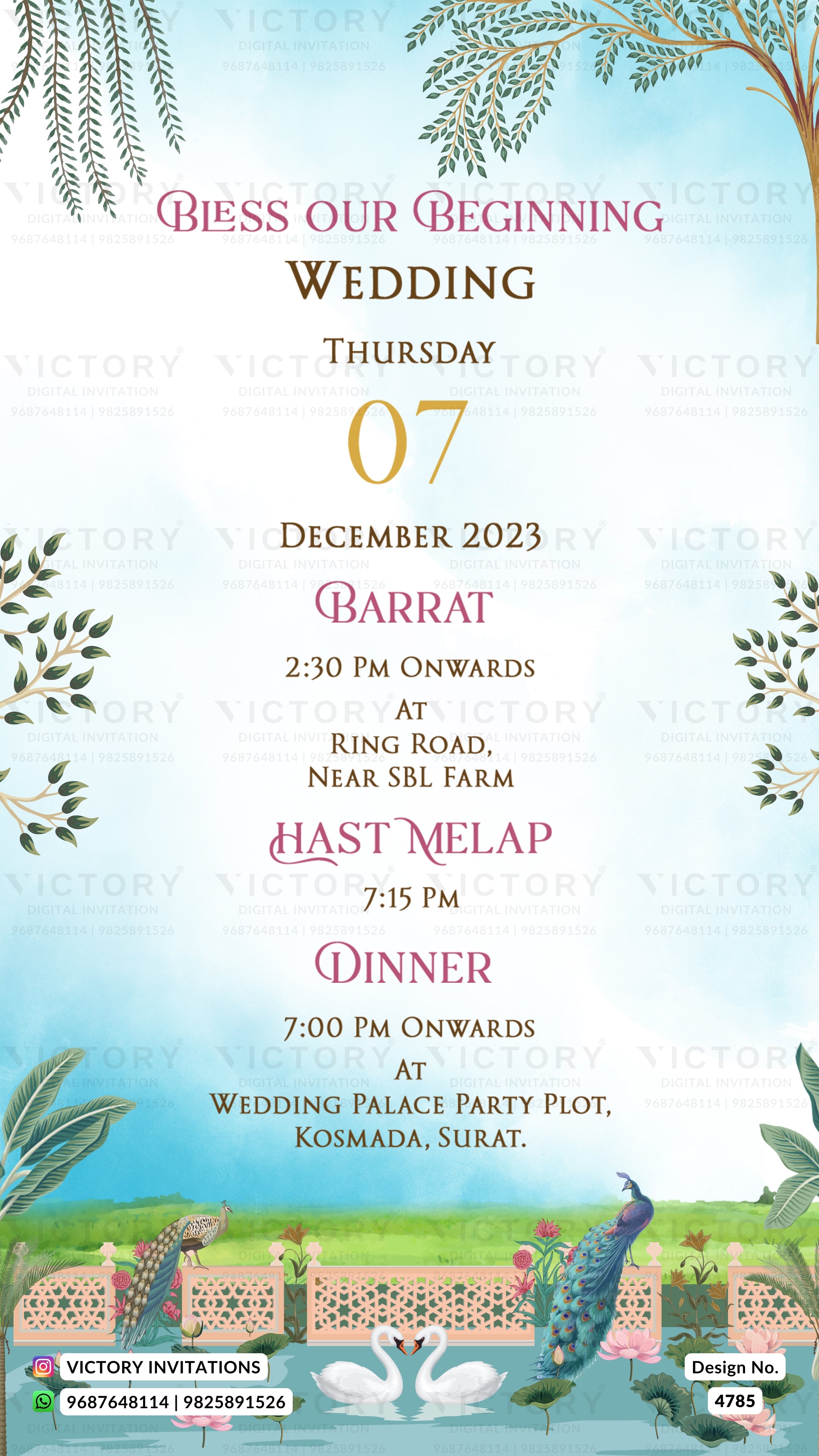 A digital wedding invitation card with a light blue and white watercolor background, decorated with green leaves, peacocks, and swans. The text details a wedding event on Thursday, 07 December 2023, in Barrat, with times and locations for the wedding and dinner.