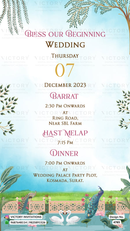 A digital wedding invitation card with a light blue and white watercolor background, decorated with green leaves, peacocks, and swans. The text details a wedding event on Thursday, 07 December 2023, in Barrat, with times and locations for the wedding and dinner.