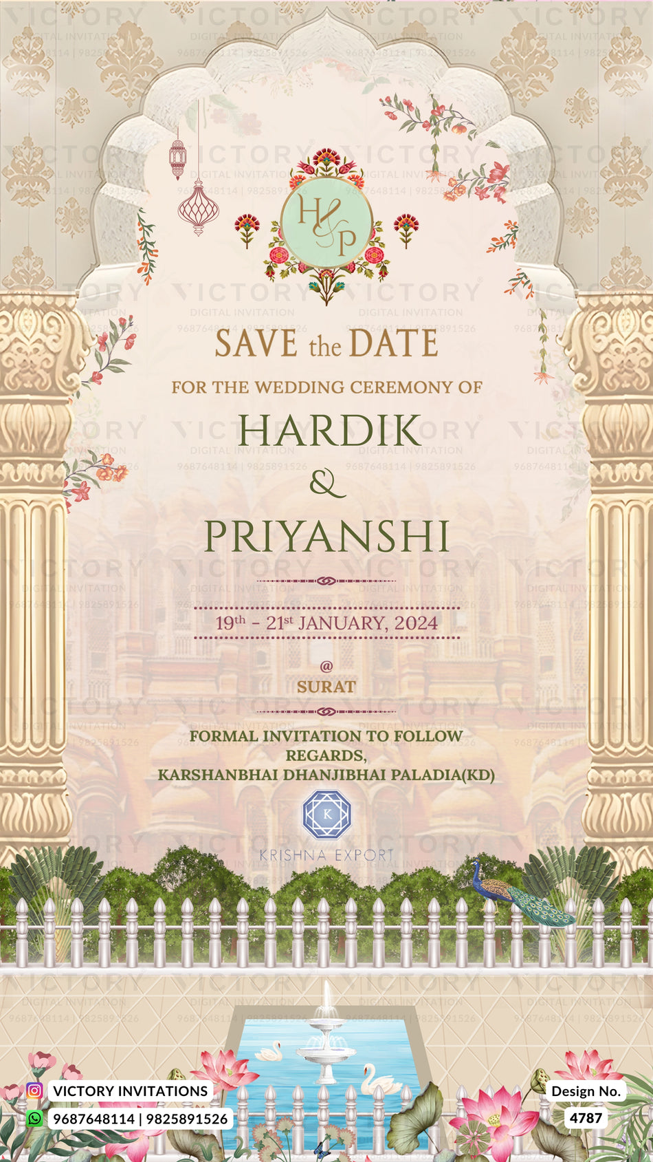 A digital Save the Date card design for a wedding ceremony of Hardik and Priyanshi, featuring a cream and beige arched gateway motif with floral accents, pillars, a white picket fence, green hedges, and a small pool illustration at the bottom.