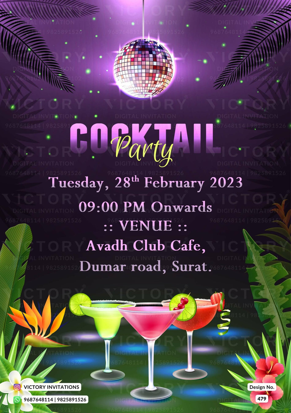 Cocktail Party invitation card in english language with dancing ball, cocktail glass as glitter theme design 479