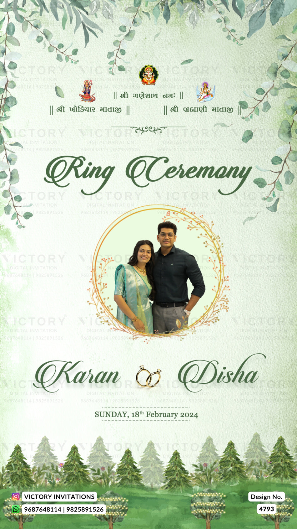 Chandla vidhi Engagement invitation card in gujarati language with leaves as garden theme design 4793