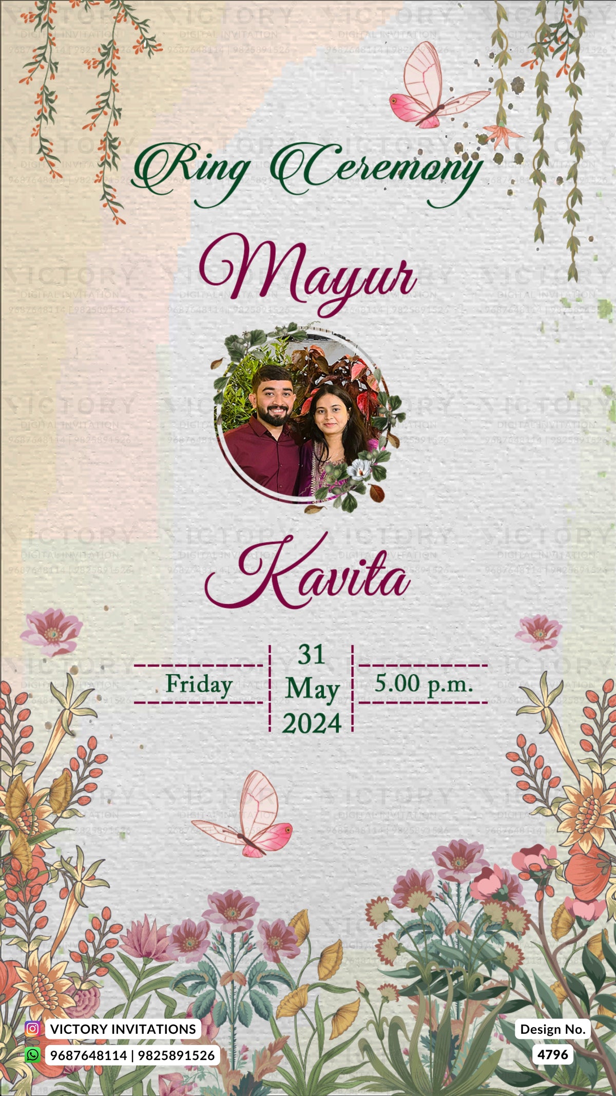 A customized ring ceremony invitation card featuring a floral and butterfly design. The card has a textured cream background with illustrations of pink flowers, green leaves, and butterflies.