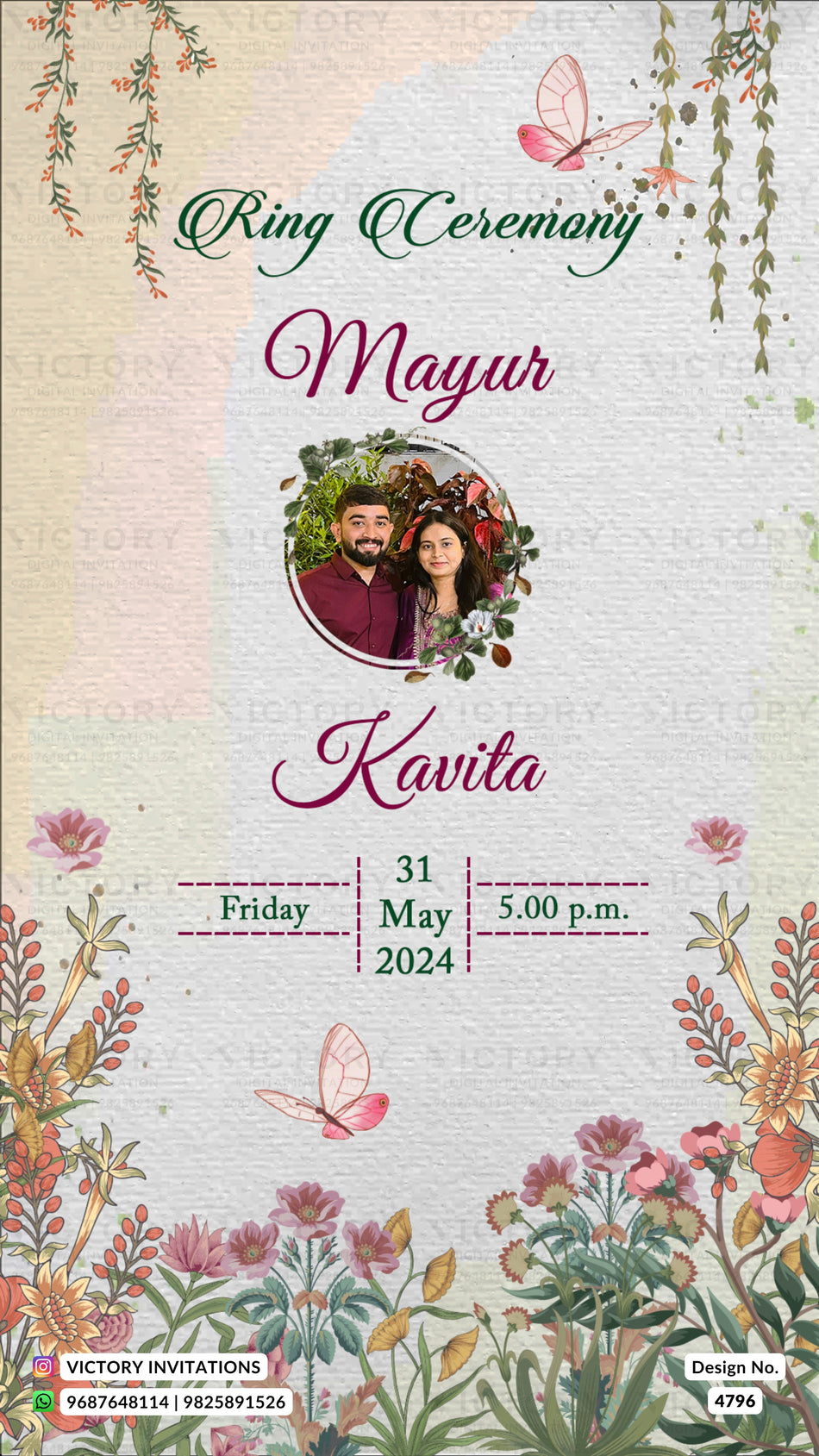 A customized ring ceremony invitation card featuring a floral and butterfly design. The card has a textured cream background with illustrations of pink flowers, green leaves, and butterflies.