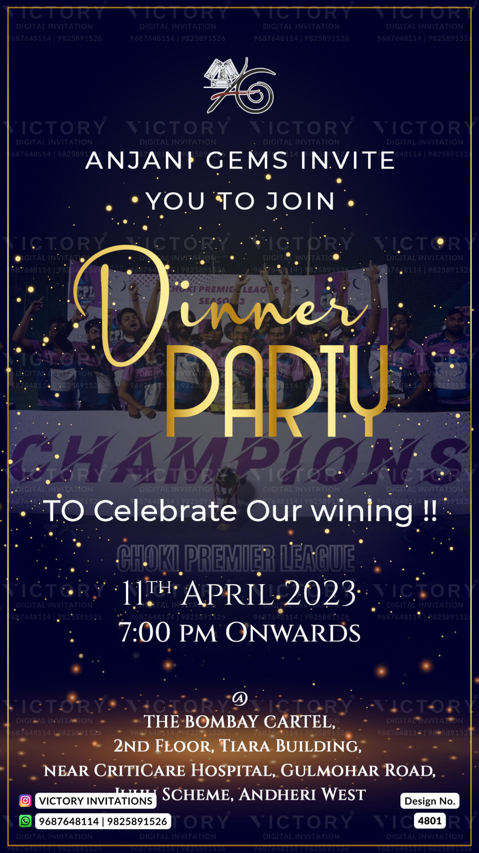 Dinner Party invitation card in english language with glittery theme design 4801