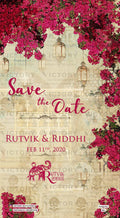 Save the Date card in english language with flowers as vintage theme design 481