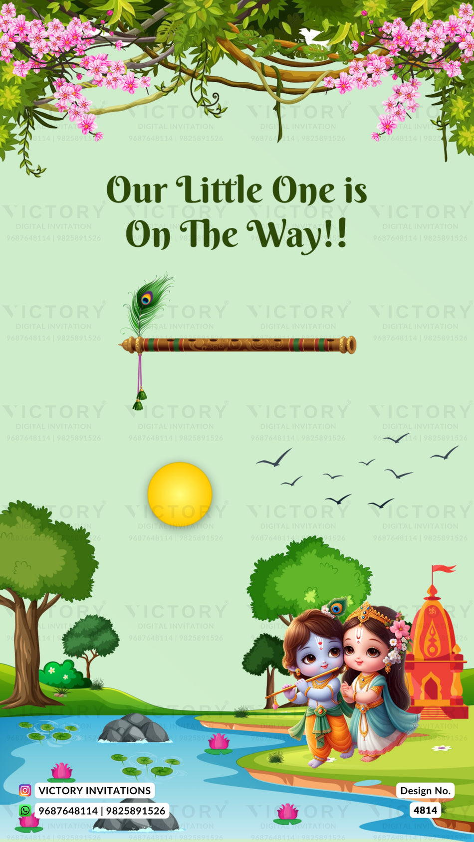 Baby Shower ceremony invitation card in english language with temple, mountain as garden theme design 4814