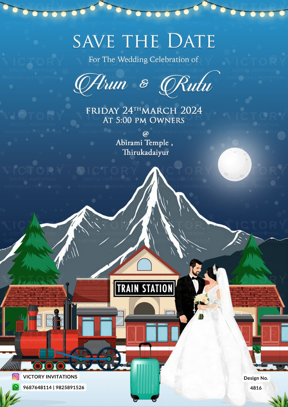 Save the Date card in english language with mountain, train as frozen theme design 4816