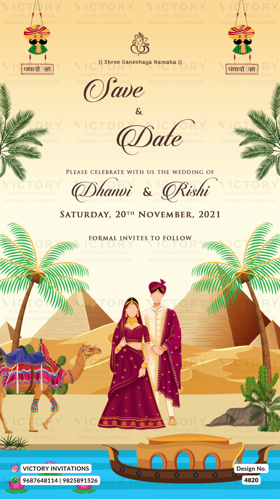 Save the Date card in english language with camel, boat as desert theme design 4820