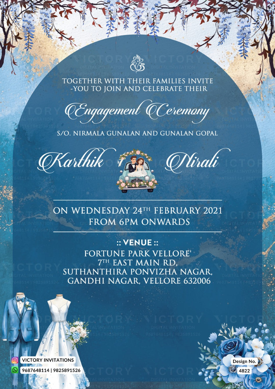 Engagement ceremony invitation card in english language with flowers, cloth as glittery theme design 4822