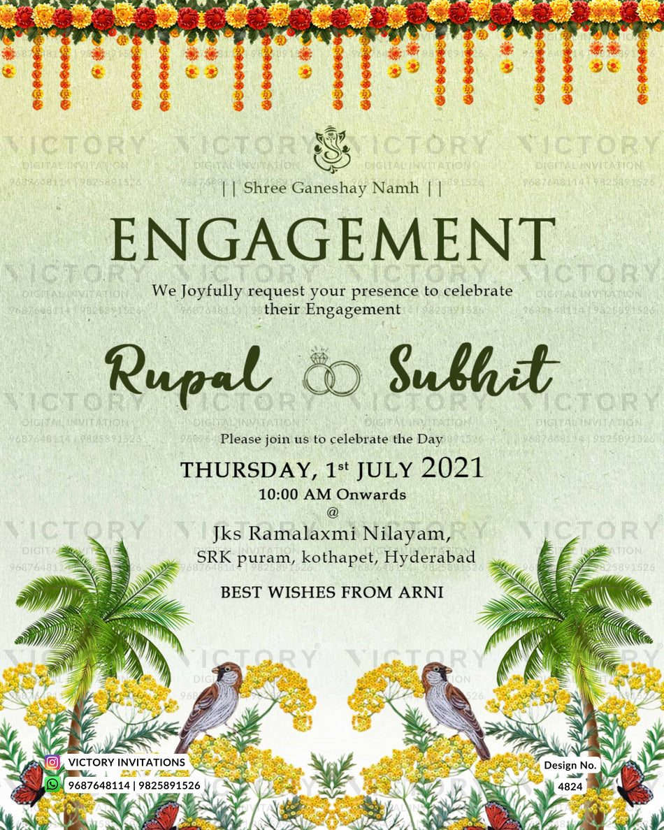 Engagement ceremony invitation card in english language with birds as floral theme design 4824
