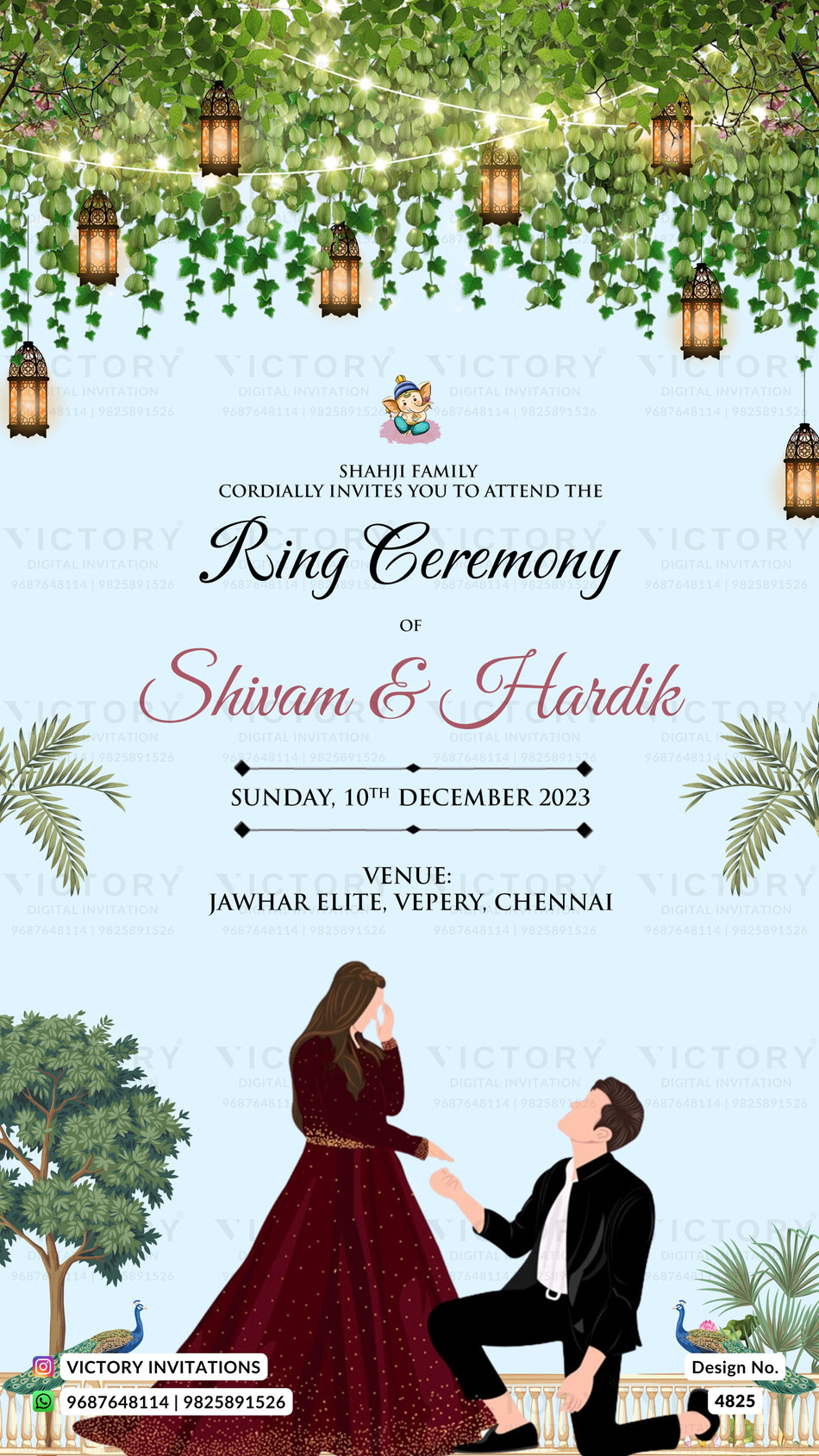 Engagement ceremony invitation card in english language with peacock, lantern as artistic leaves theme design 4825