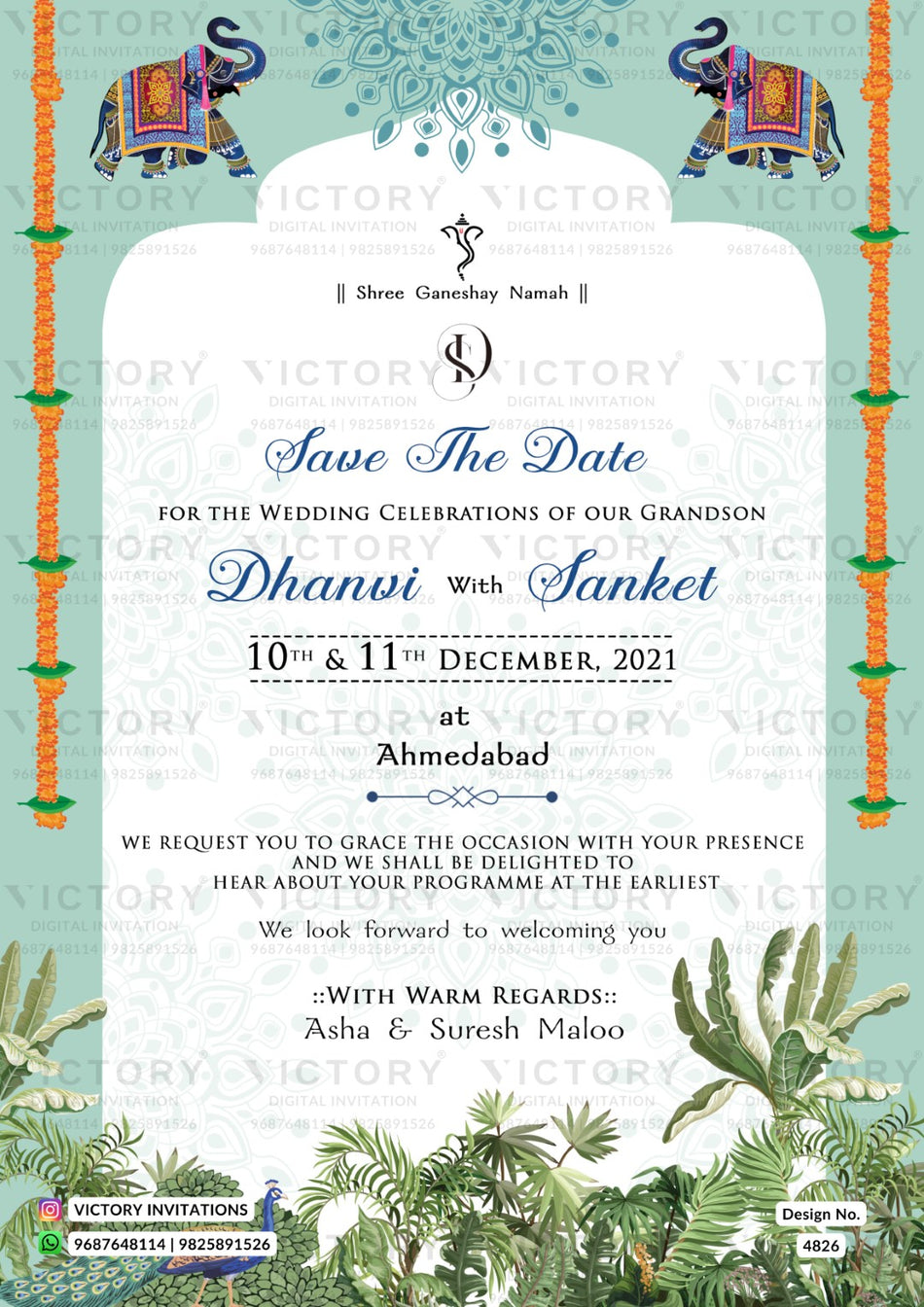 Save the Date card in english language with elephant, leaves as arch theme design 4826