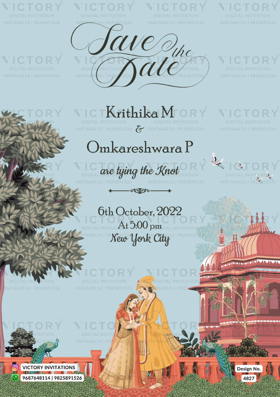 Save the Date card in english language with fence, temple as royal theme design 4827