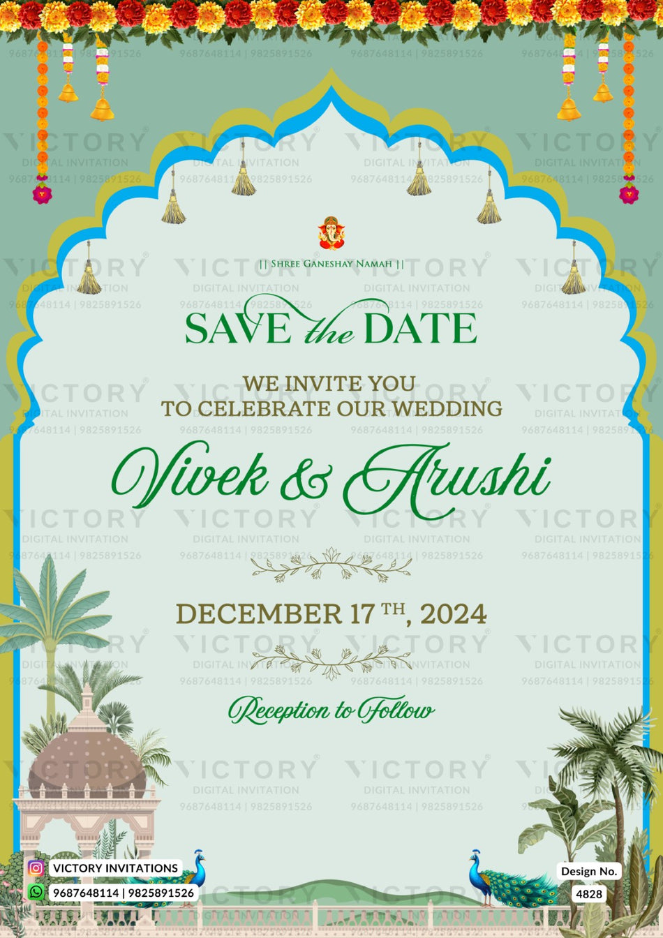 Save the Date card in english language with fence, grass as arch theme design 4828