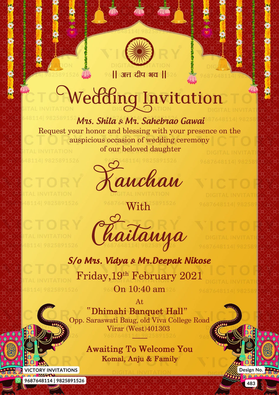 Wedding ceremony invitation card of hindu maharashtrian marathi family in english language with Arch theme design 483