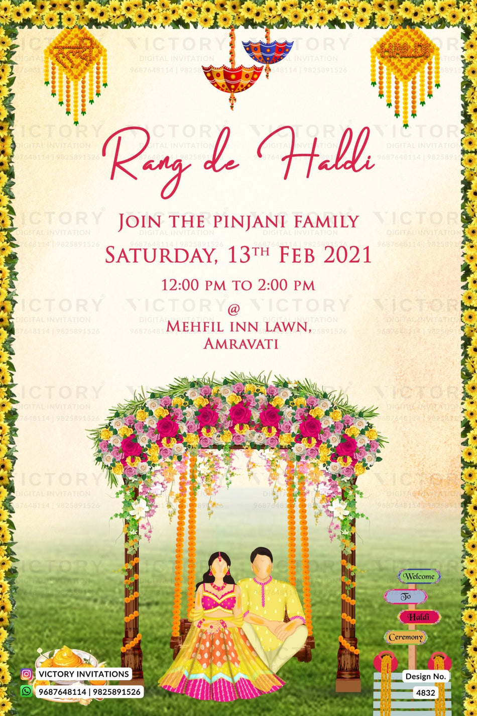 Haldi ceremony invitation card in english language with flowers, umbrella as garden theme design 4832