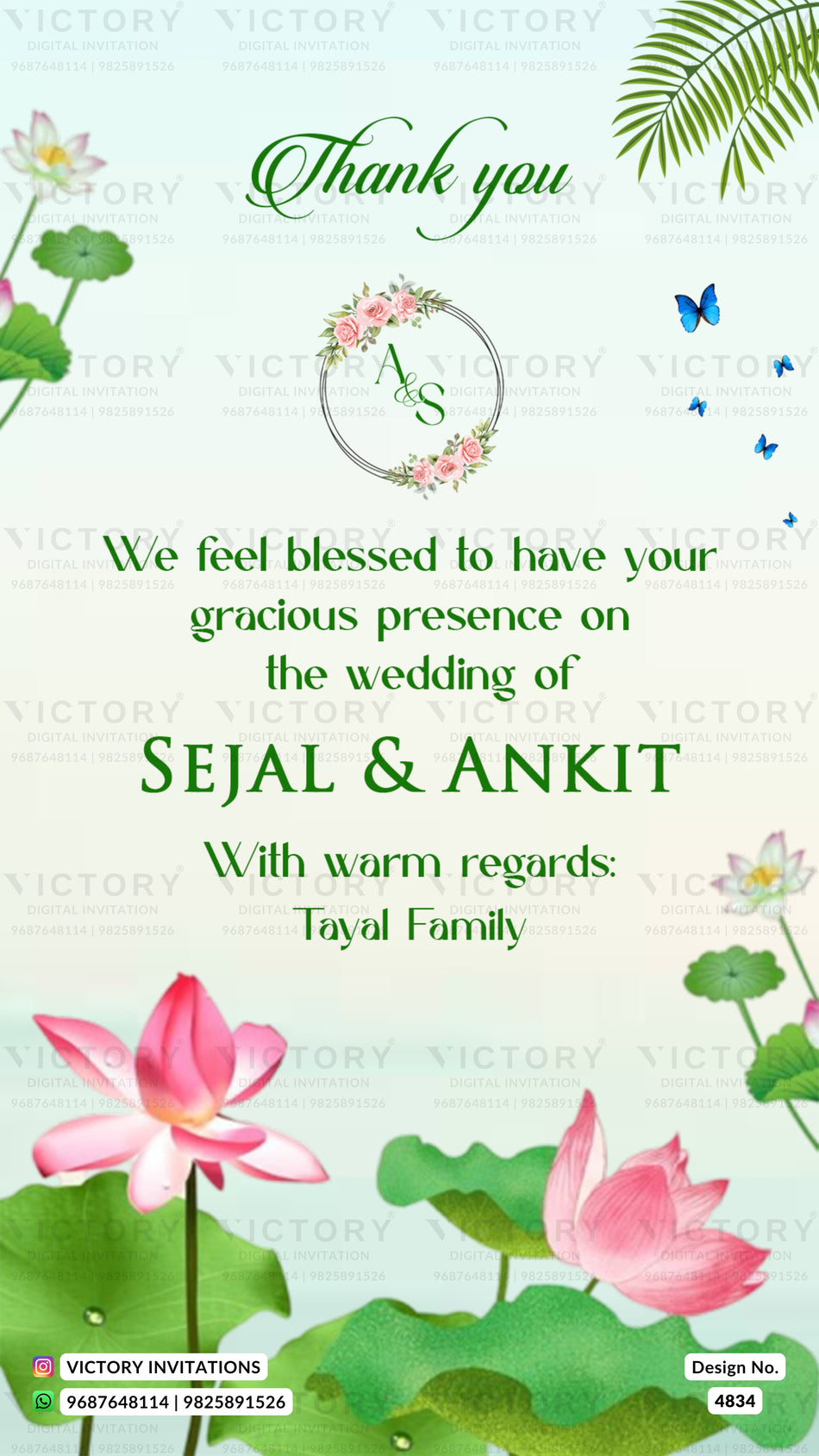 Wedding Thank You card in english language with butterfly, leaves as floral theme design 4834