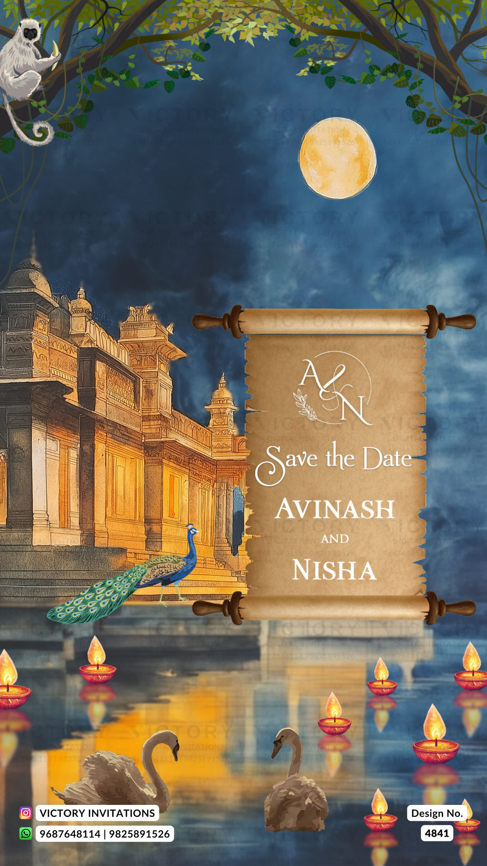 Save the Date card in english language with temple, moon as forest theme design 4841