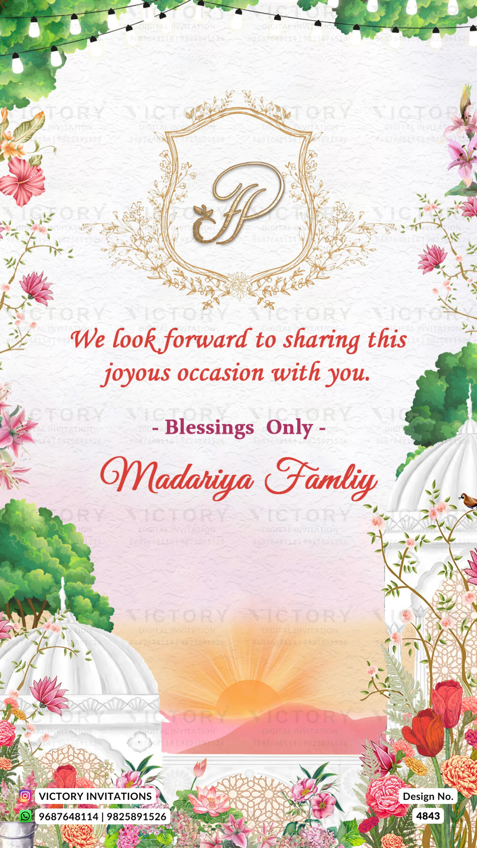 Wedding ceremony invitation card of hindu gujarati patel family in english language with floral theme design 4843