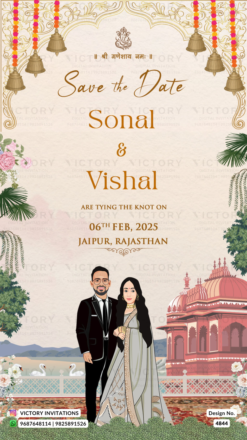 Traditional couple caricature invitation card for Save the Date in English language with bells, fence as temple theme design 4844