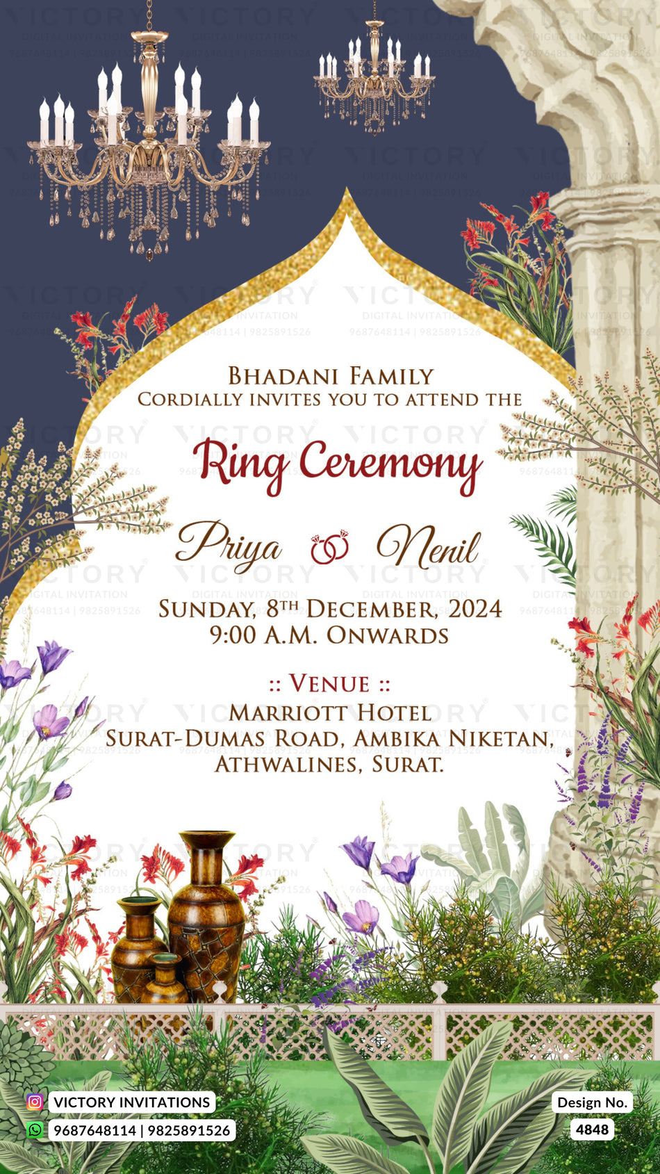 Engagement ceremony invitation card in english language with pot, arch as floral theme design 4848
