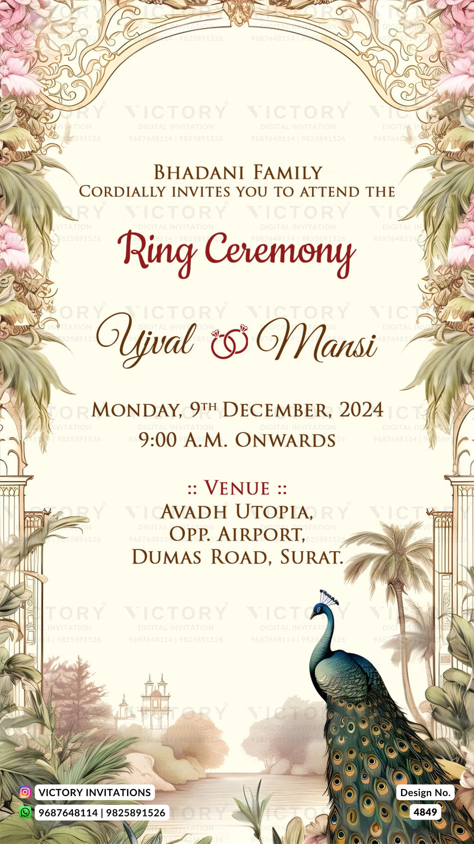 Engagement ceremony invitation card in english language with peacock, gate as vintage theme design 4849