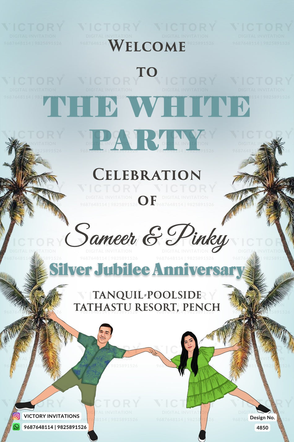 Bollywood couple caricature welcome standee of White party ceremony in English language with coconut tree as minimalistic theme design 4850