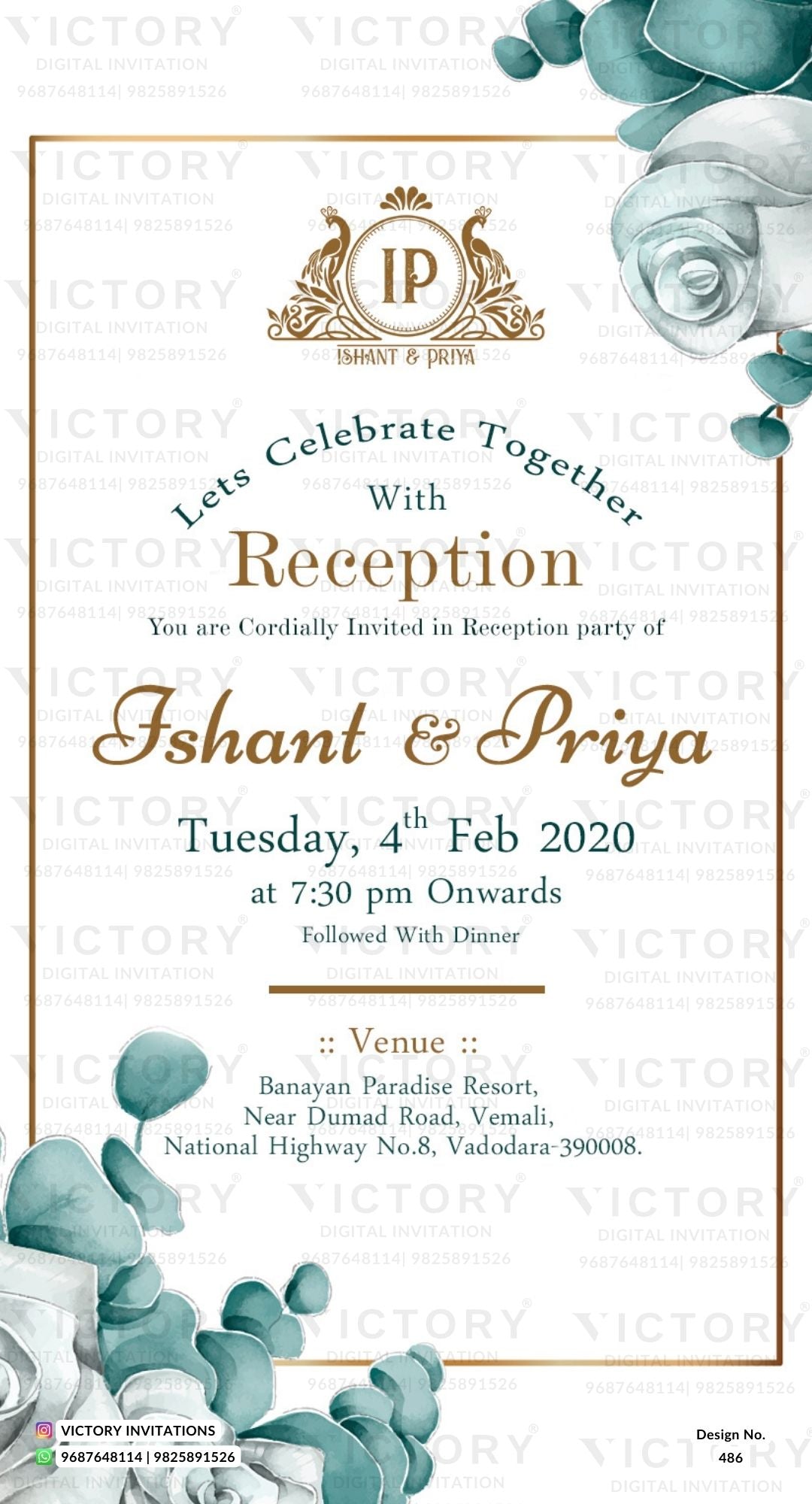 Reception Party invitation card in english language with couple logo, leaves as floral theme design 486