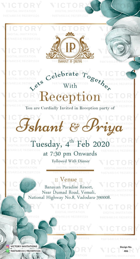 Reception Party invitation card in english language with couple logo, leaves as floral theme design 486