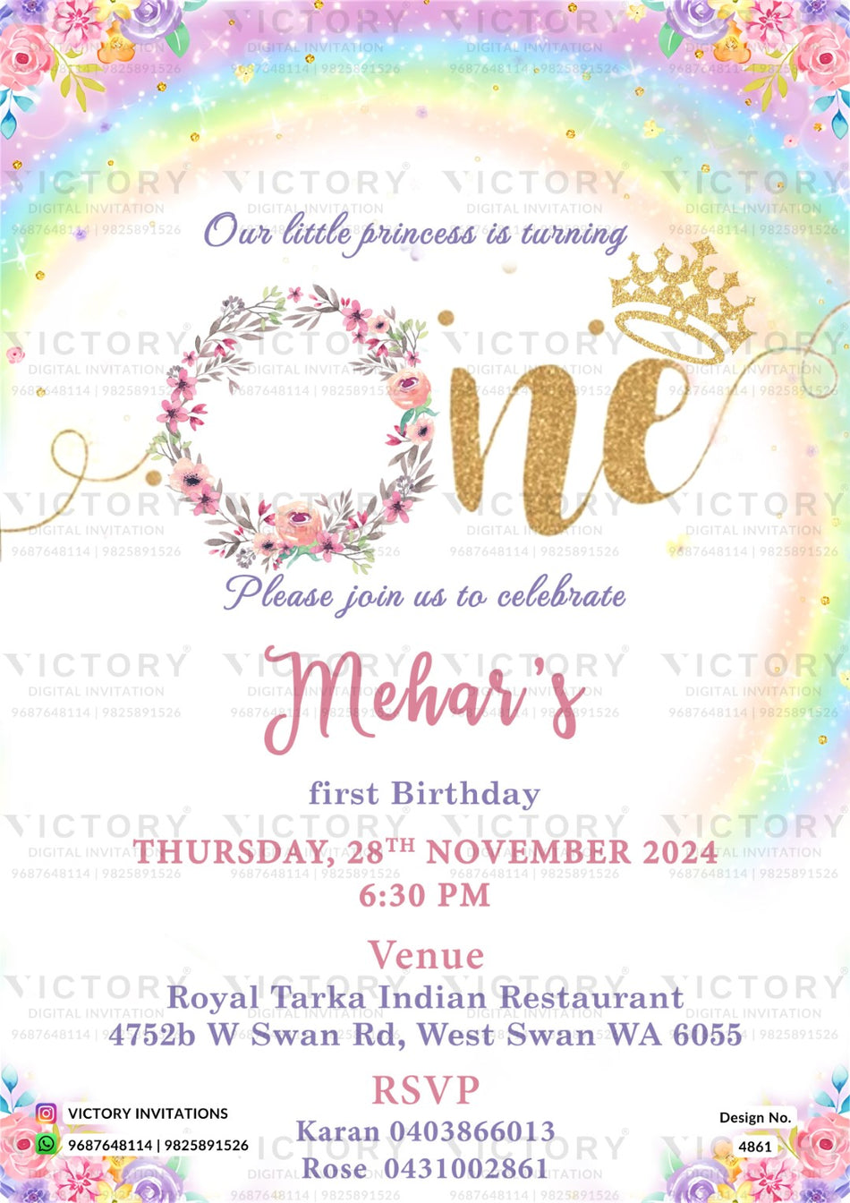 Birthday party invitation card for girl in english language with flower, rainbow as colorful theme design 4861