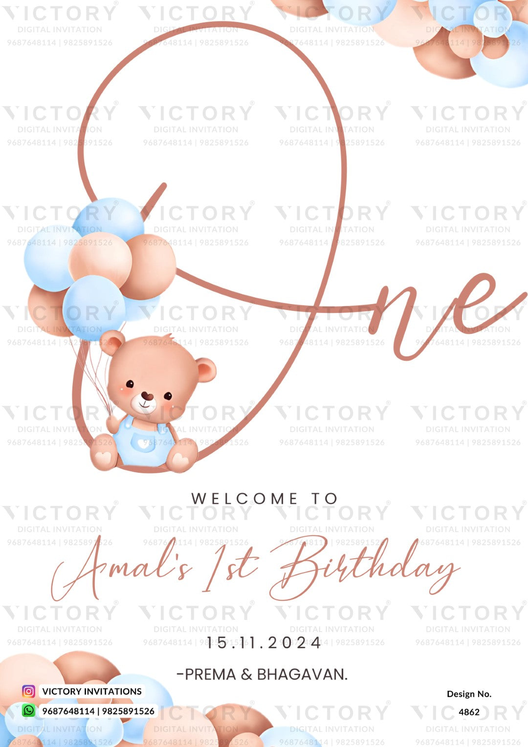 A digital first birthday invitation template featuring a cute cartoon teddy bear in a blue outfit holding a string of pastel blue and peach balloons, under a large peach outline of the word 'One'. The bottom text reads 'WELCOME TO Amal's 1st Birthday 15.