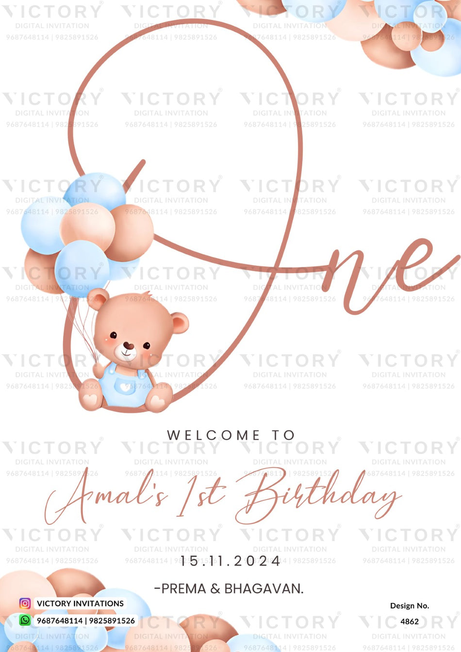 A digital first birthday invitation template featuring a cute cartoon teddy bear in a blue outfit holding a string of pastel blue and peach balloons, under a large peach outline of the word 'One'. The bottom text reads 'WELCOME TO Amal's 1st Birthday 15.
