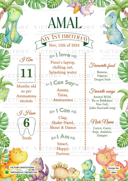 A personalized first birthday invitation card with a tropical dinosaur theme. The card features the name 'AMAL' in large green letters at the top, along with the date 'Nov.