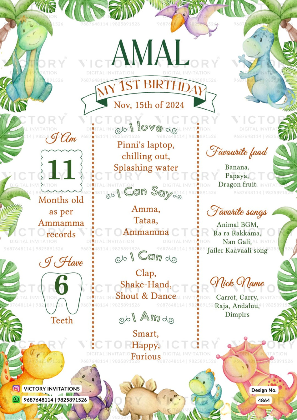 A personalized first birthday invitation card with a tropical dinosaur theme. The card features the name 'AMAL' in large green letters at the top, along with the date 'Nov.