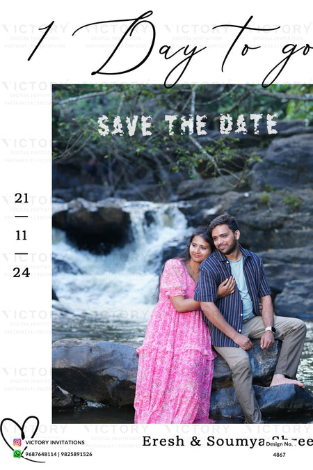 Save the Date wedding invitation card featuring a central photograph of a couple sitting by a waterfall, with white script text reading '1 Day to go' and 'SAVE THE DATE' on a white background.